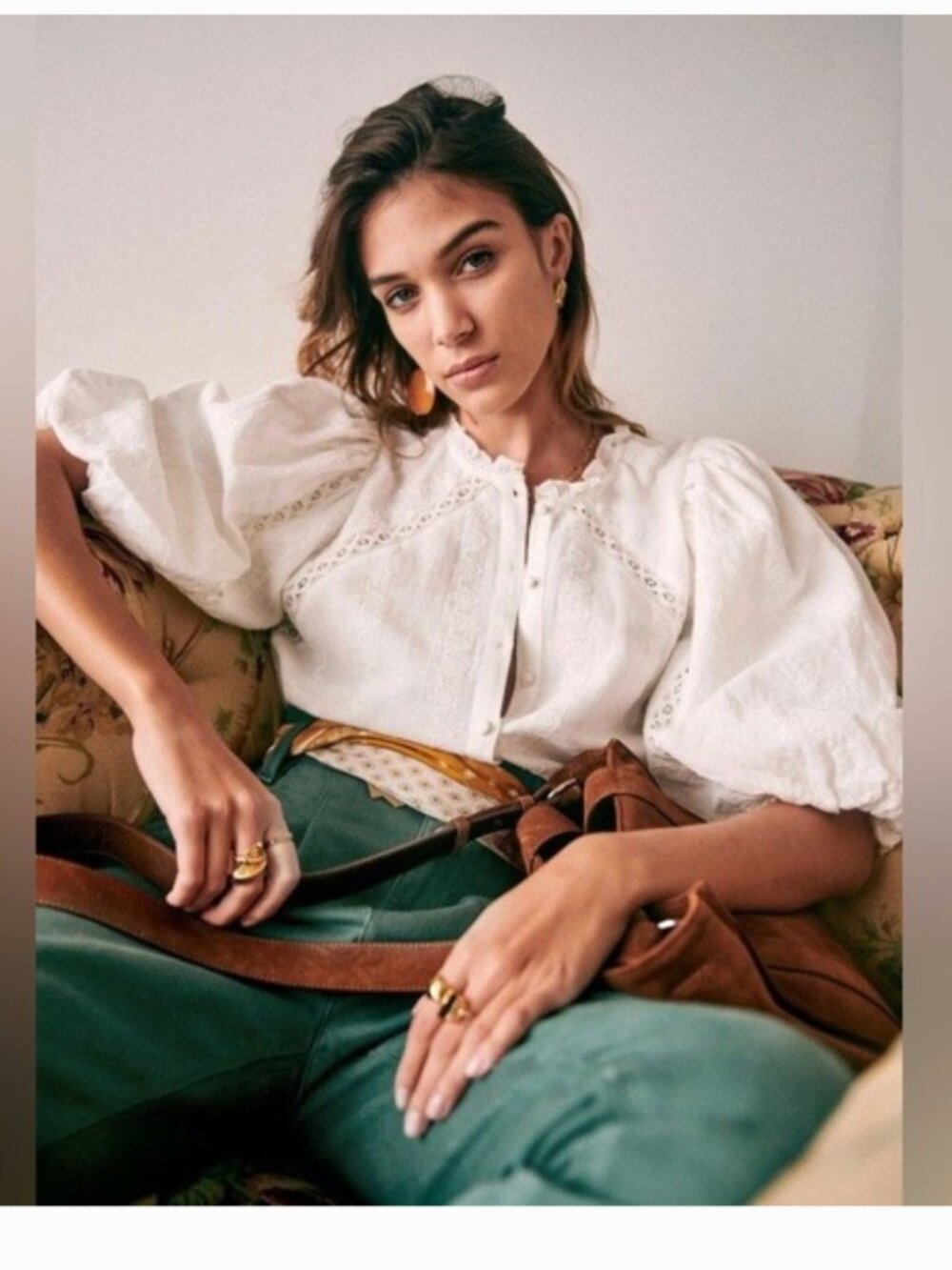 Sezane White Eyelet Puff-Sleeve Button-Down Anton Blouse
